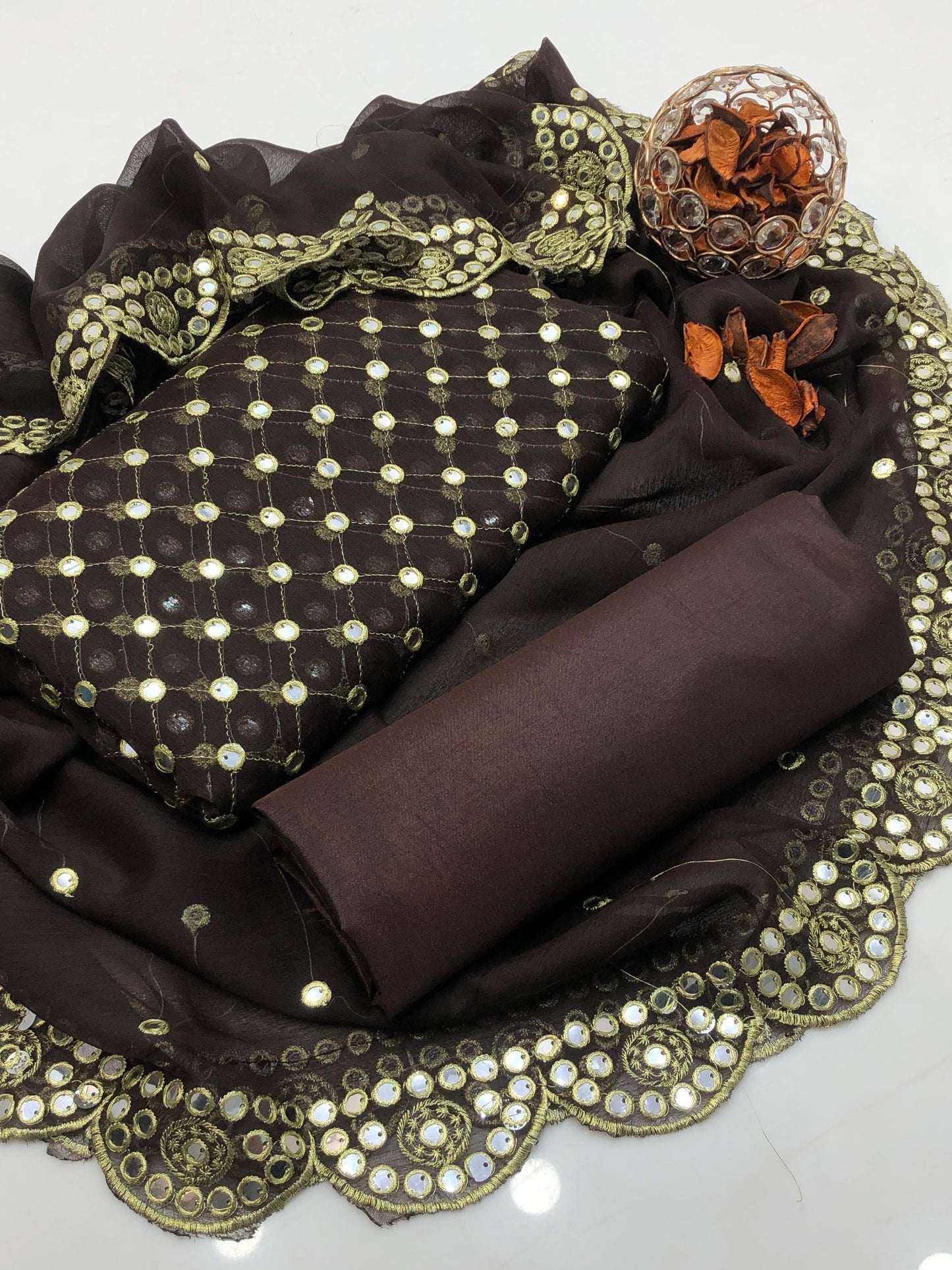 Celestara Chiffon Shirt with Embroidered Dupatta & Silk Trouser 3Pcs Dress