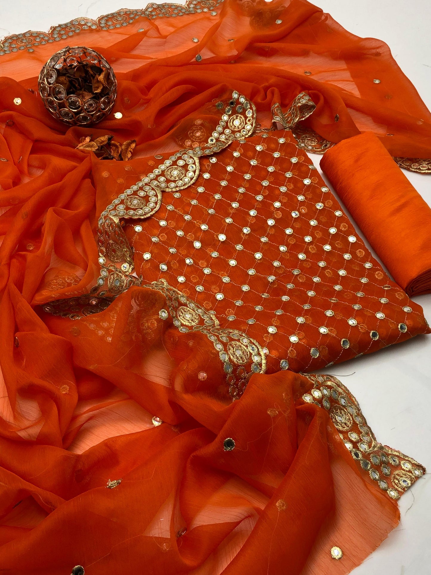 Celestara Chiffon Shirt with Embroidered Dupatta & Silk Trouser 3Pcs Dress