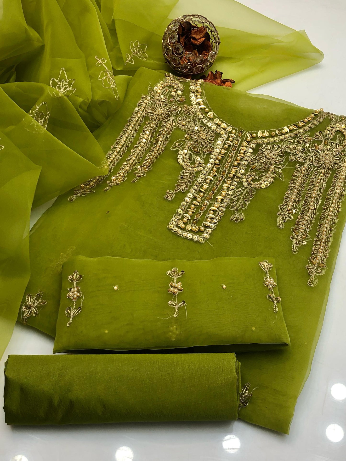 Luminara Organza Shirt with Embroidered Dupatta & Silk Trouser 3Pcs Dress