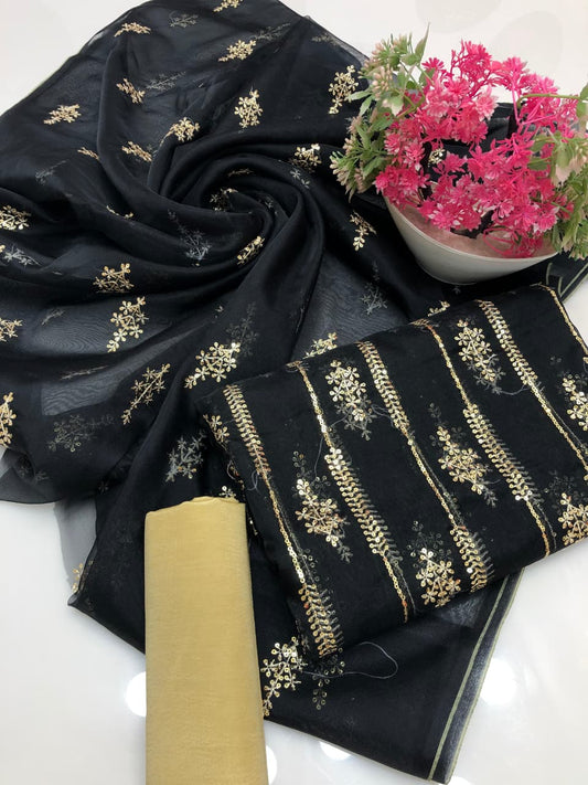 Nylon Organza Heavy Bunch Work 3Pcs Dress