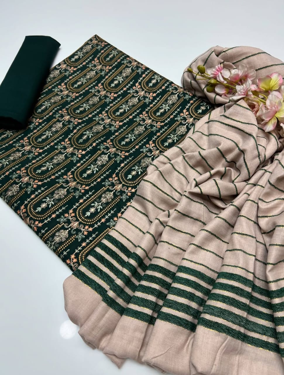 Marina Linen Embroidered Sequin Work with Velvet Shawl 3Pc Dress
