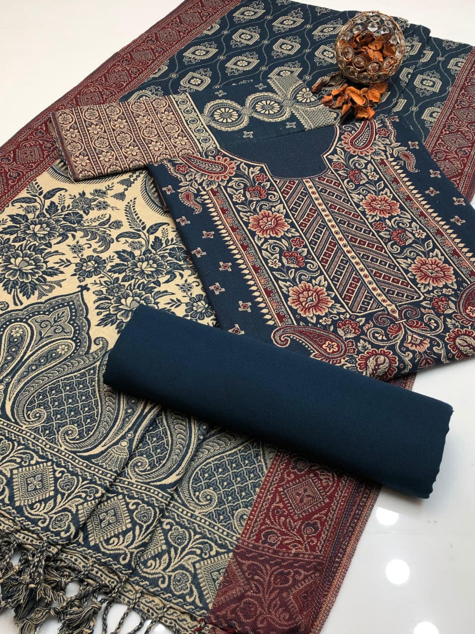 Acrylic Wool Jacquard Shirt Shawl & Trouser 3Pcs Dress