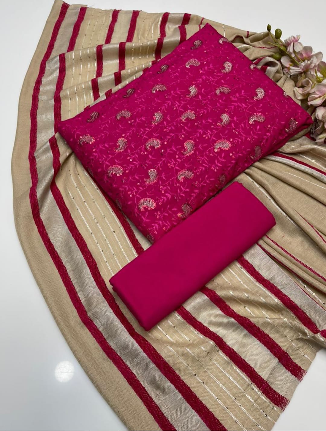 Opaline Marina Linen Embroidered Sequence with Wool Shawl 3Pcs Dress