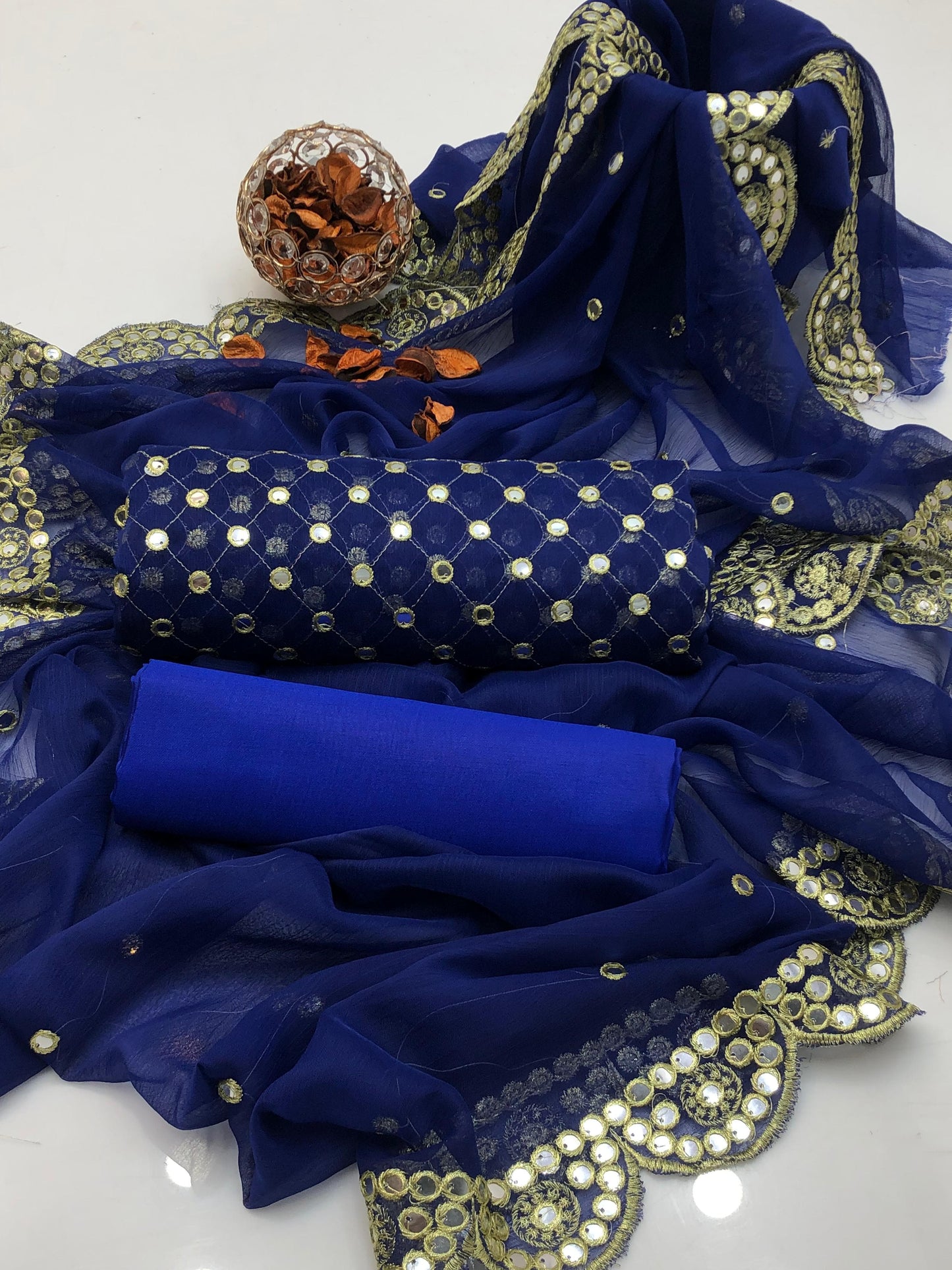 Celestara Chiffon Shirt with Embroidered Dupatta & Silk Trouser 3Pcs Dress