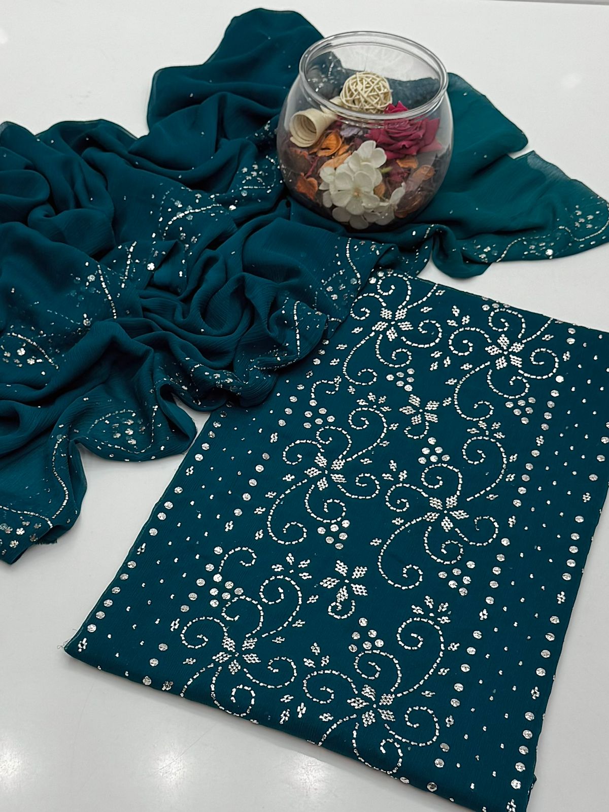 Celestial Bamber Chiffon Mukesh Work Shirt & Dupatta 2Pcs Dress
