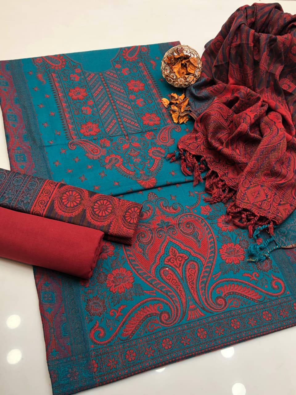 Acrylic Wool Jacquard Shirt Shawl & Trouser 3Pcs Dress