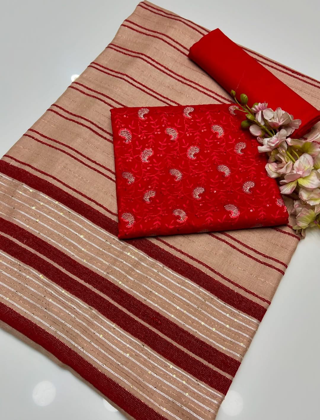 Opaline Marina Linen Embroidered Sequence with Wool Shawl 3Pcs Dress
