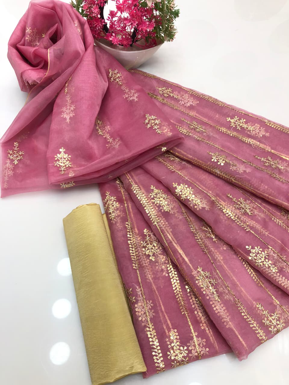 Nylon Organza Heavy Bunch Work 3Pcs Dress