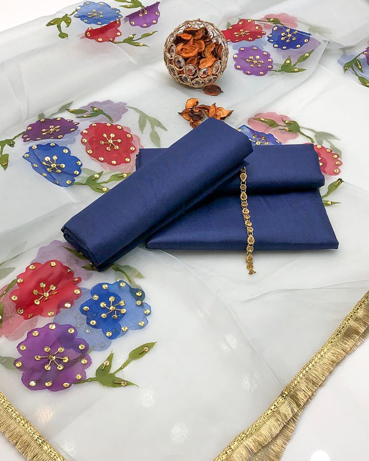 Enchant Kataan Silk Brush Paint & Zari Work 3Pcs Dress