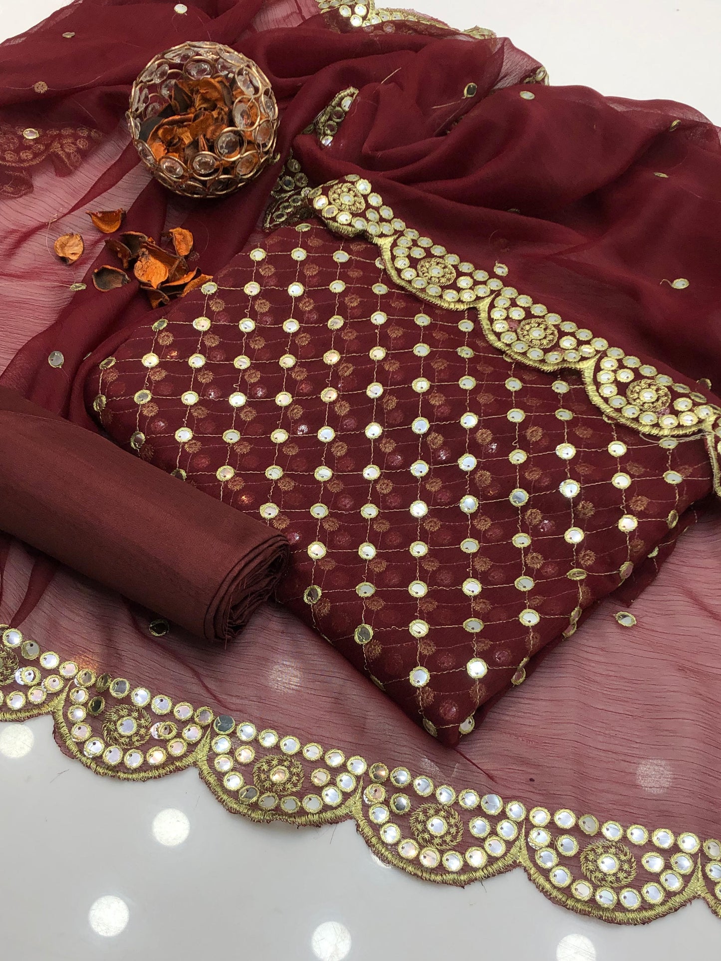 Celestara Chiffon Shirt with Embroidered Dupatta & Silk Trouser 3Pcs Dress