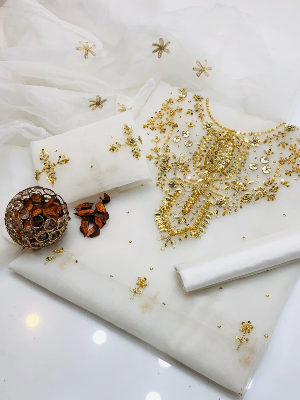 Golden Charm Organza Handwork Embroidered 3Pcs Dress
