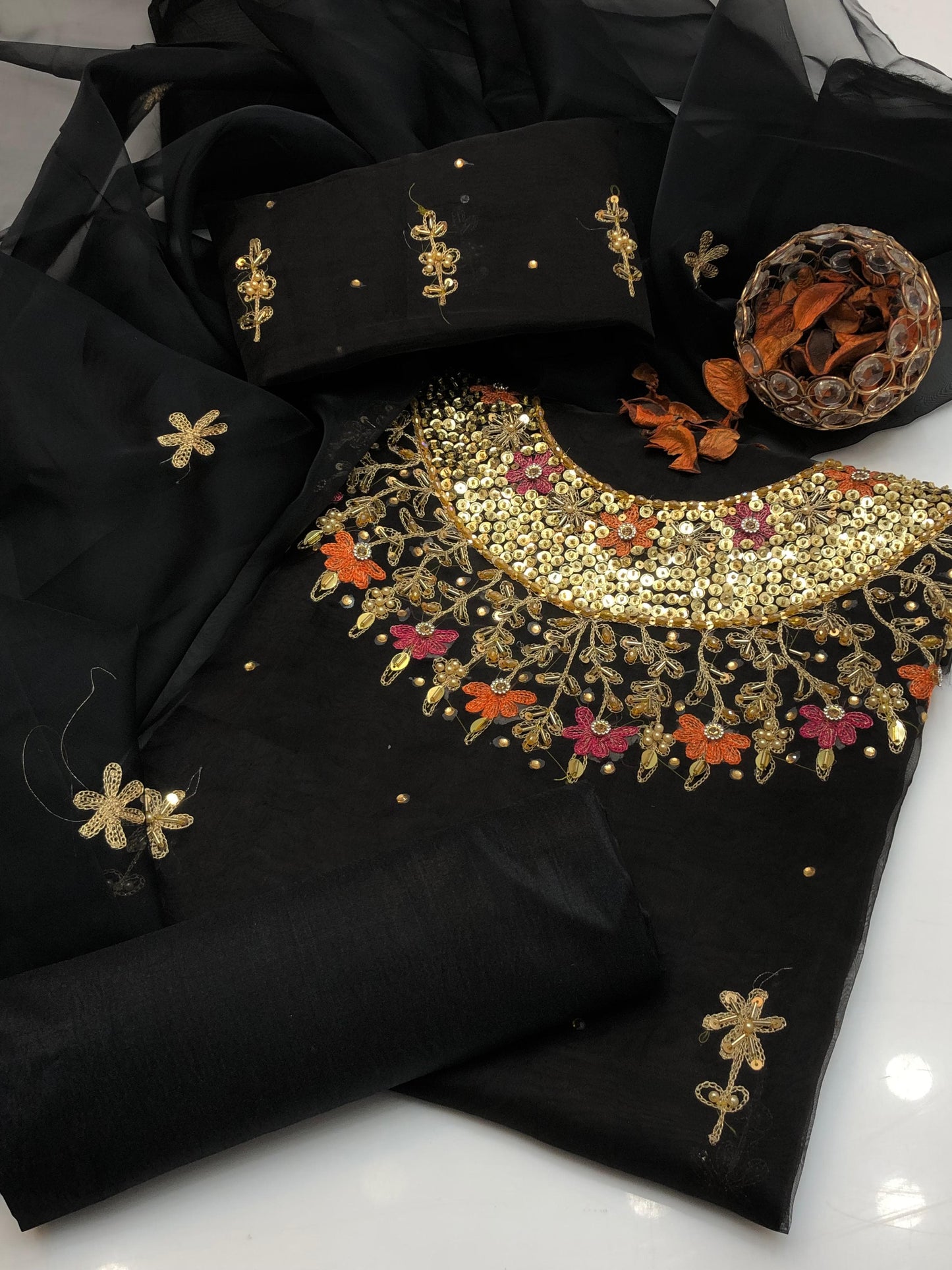 Celestria Organza Shirt with Embroidered Dupatta & Silk Trouser 3Pcs Dress