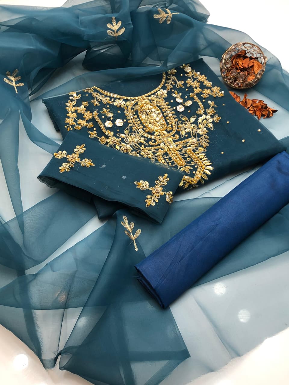 Golden Charm Organza Handwork Embroidered 3Pcs Dress