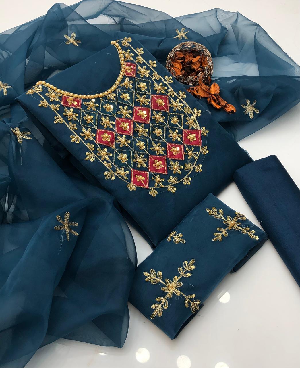 Lovely Organza Aari Embroidered Shirt and Dupatta 3Pcs Dress