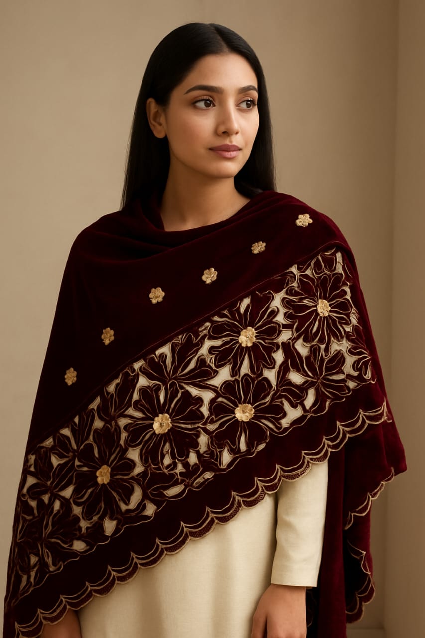 Micro Velvet Laser Cut & Embroidered Winter Shawl