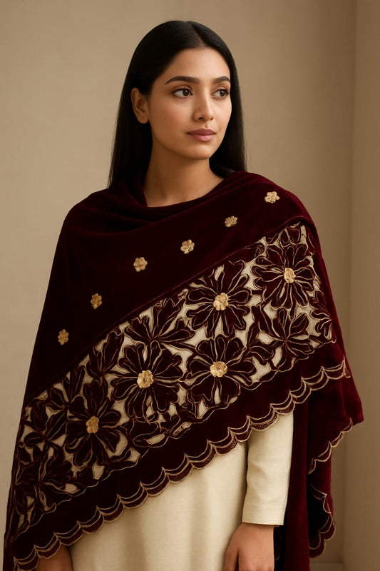 Micro Velvet Laser Cut & Embroidered Winter Shawl