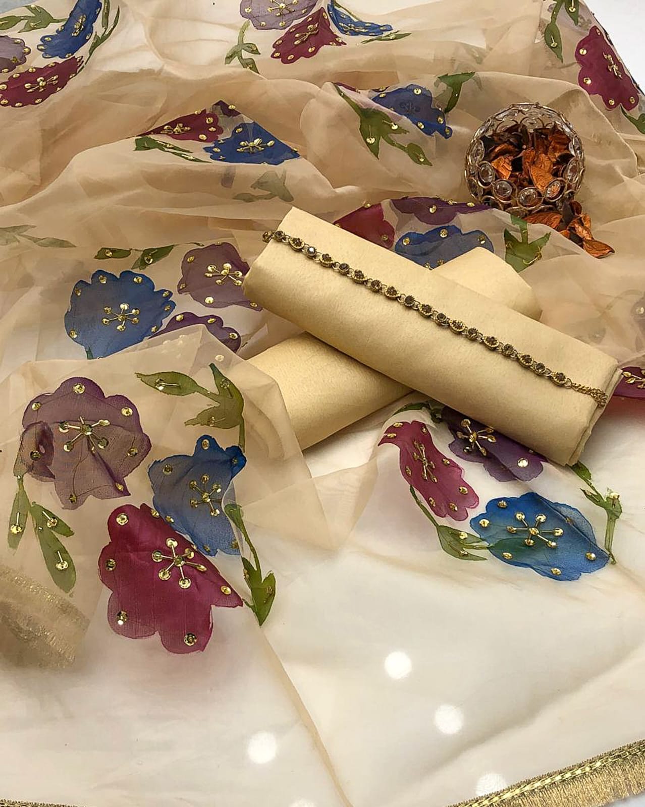 Enchant Kataan Silk Brush Paint & Zari Work 3Pcs Dress