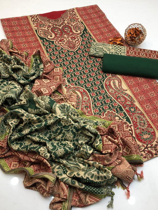 Acrylic Wool Jacquard Shirt Shawl & Trouser 3Pcs Dress