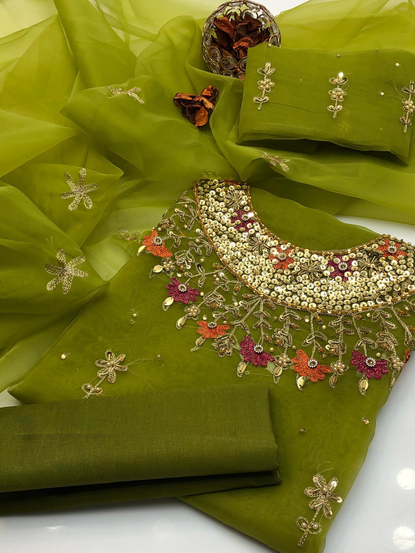 Celestria Organza Shirt with Embroidered Dupatta & Silk Trouser 3Pcs Dress