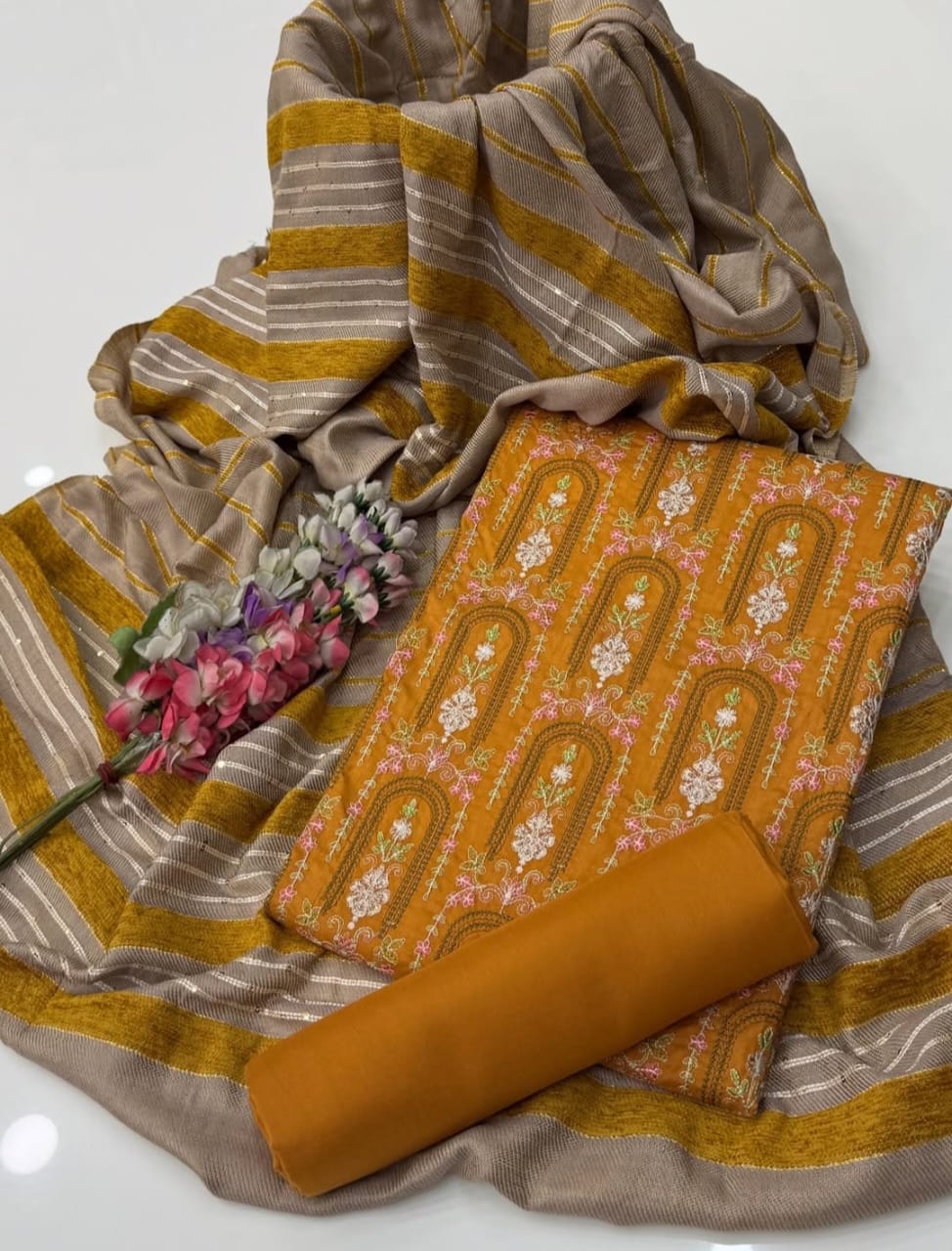 Marina Linen Embroidered Shirt With Velvet Shawl 3Pcs Dress