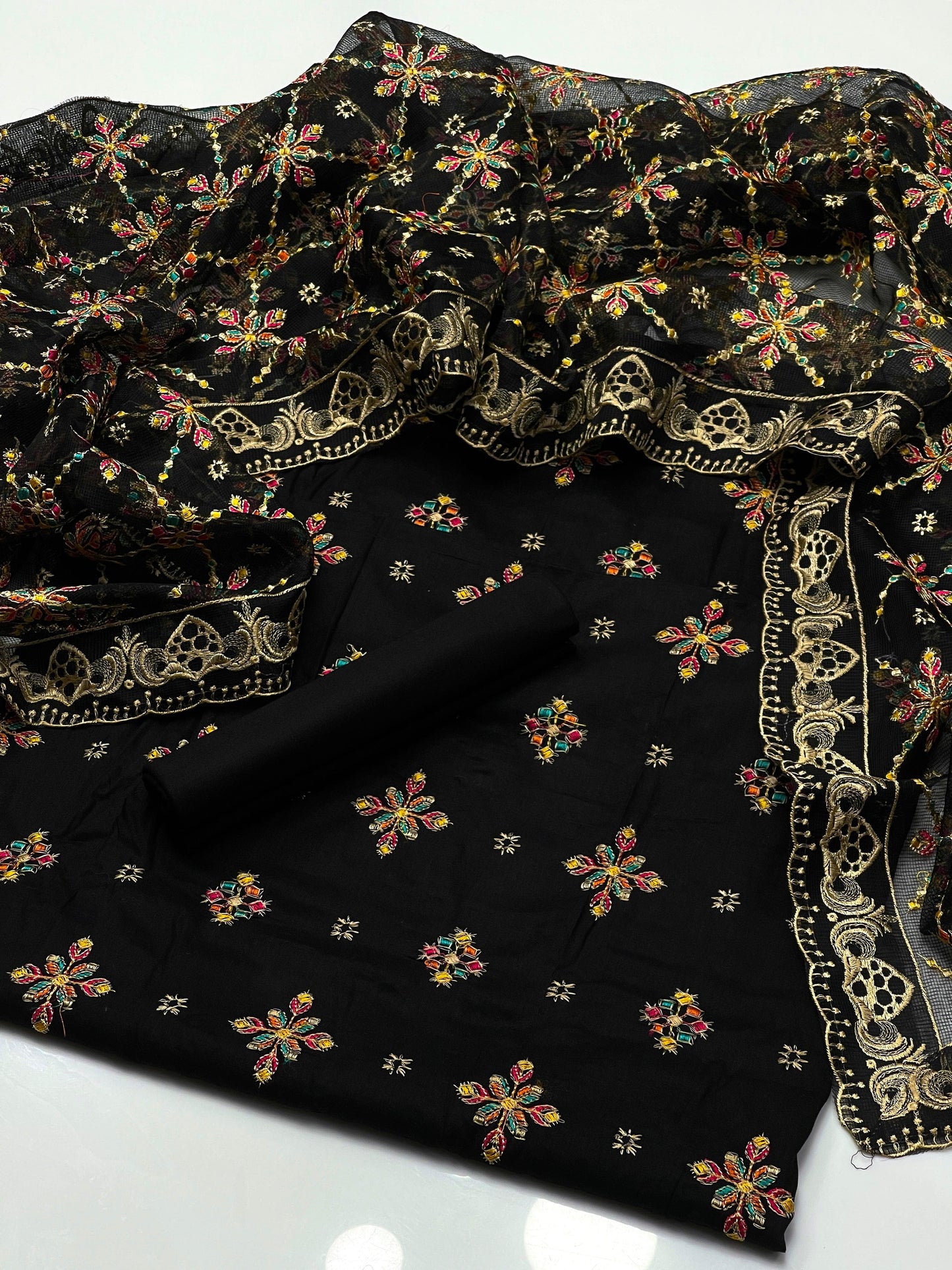 Khaddi Net Embroidered Shirt with Jaal Dupatta 3Pcs Dress
