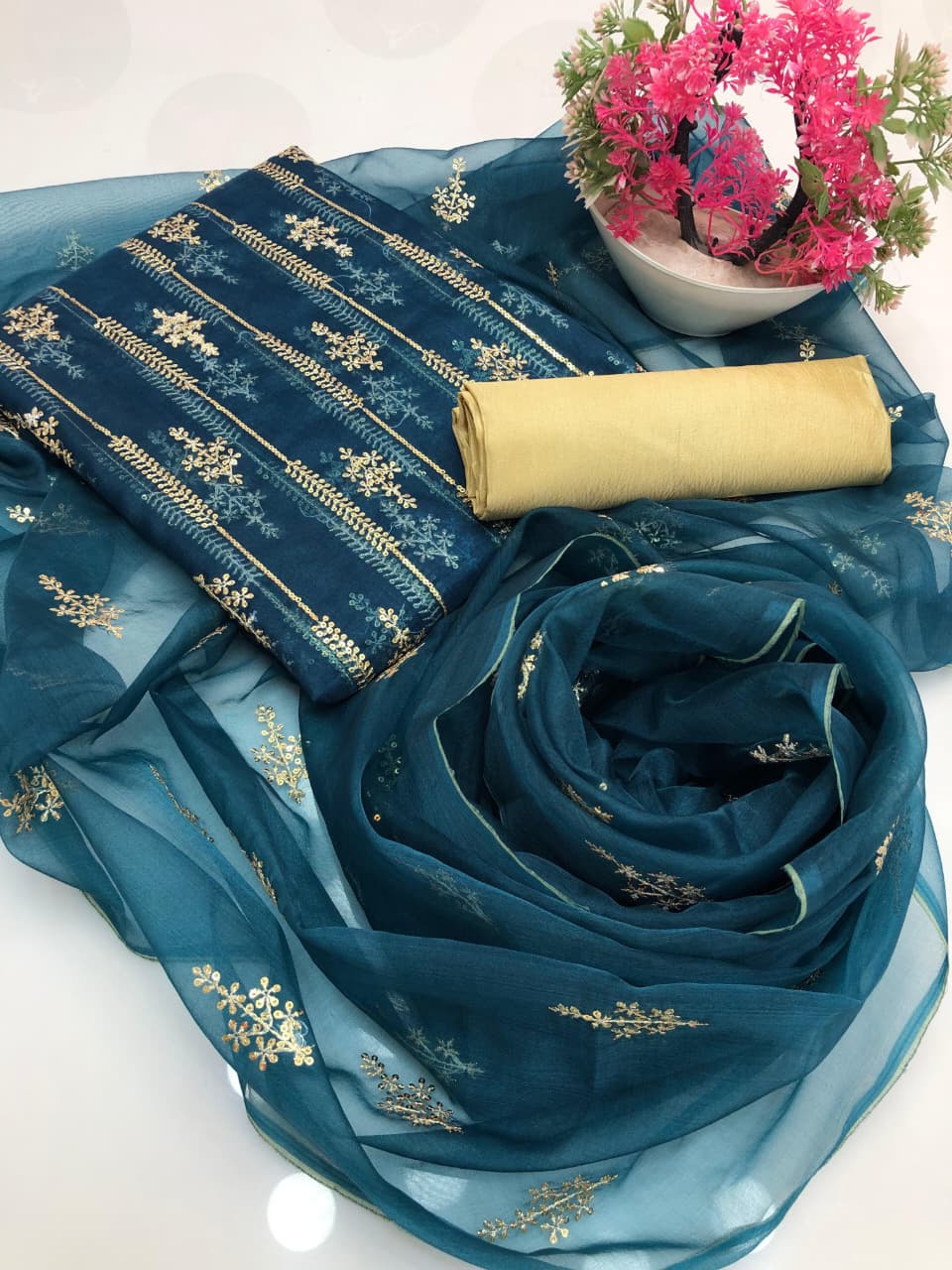 Nylon Organza Heavy Bunch Work 3Pcs Dress