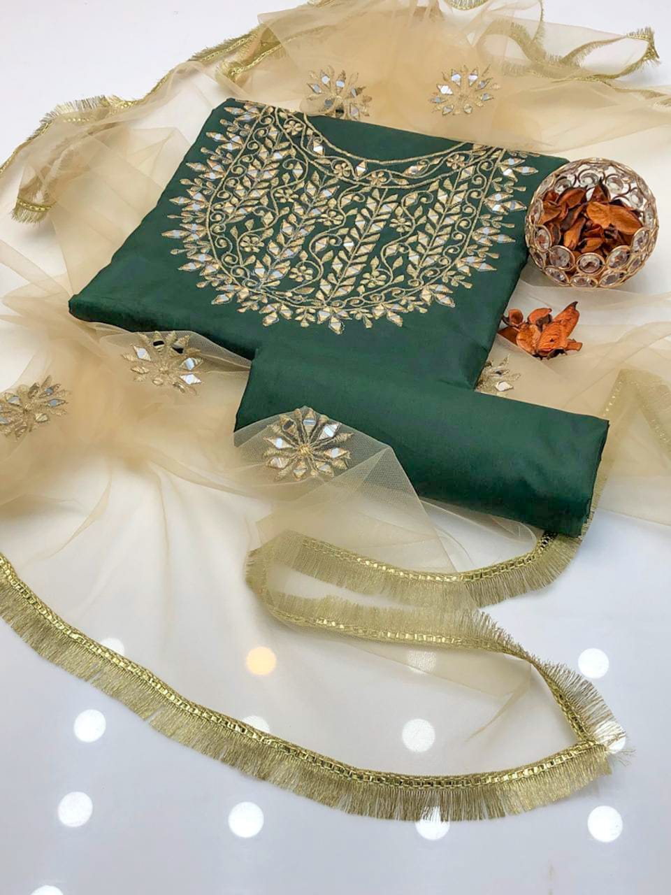 Velina Kataan Silk Mirror Work 3Pcs Dress