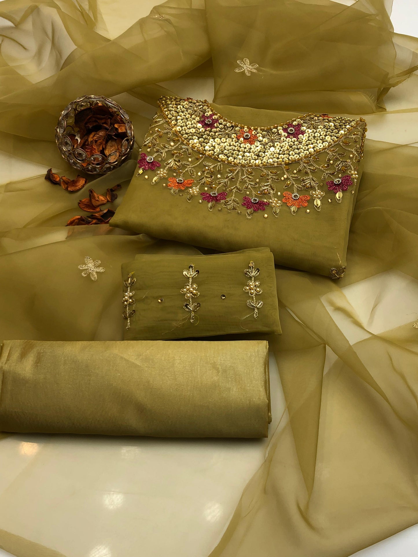 Celestria Organza Shirt with Embroidered Dupatta & Silk Trouser 3Pcs Dress