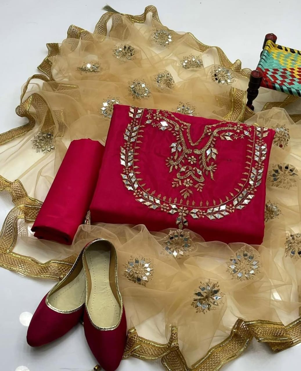 Glow Stuff Kataan Silk Mirror Work 4Pcs Dress