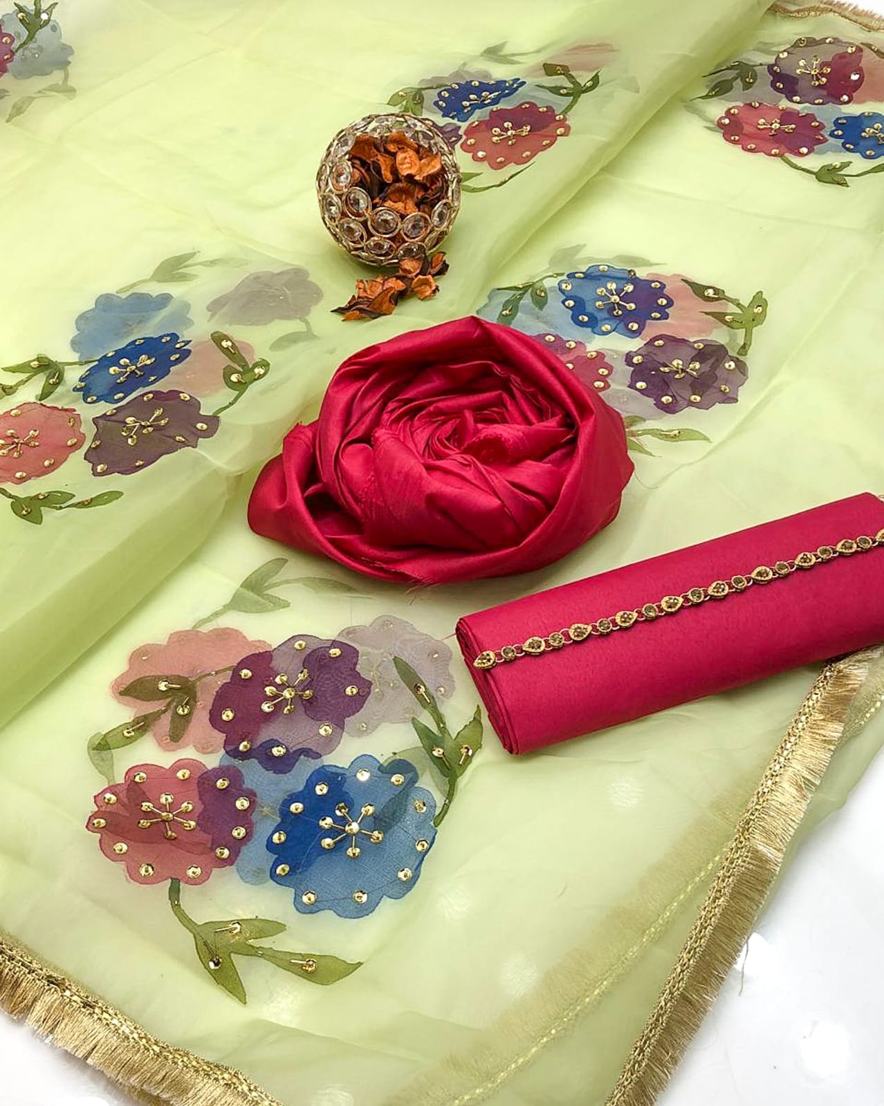 Enchant Kataan Silk Brush Paint & Zari Work 3Pcs Dress