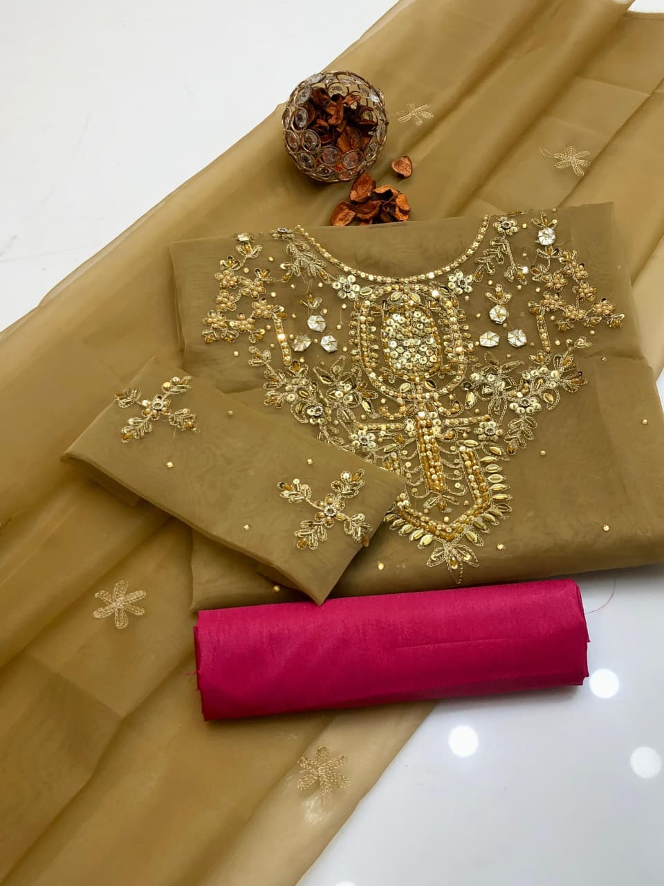 Golden Charm Organza Handwork Embroidered 3Pcs Dress