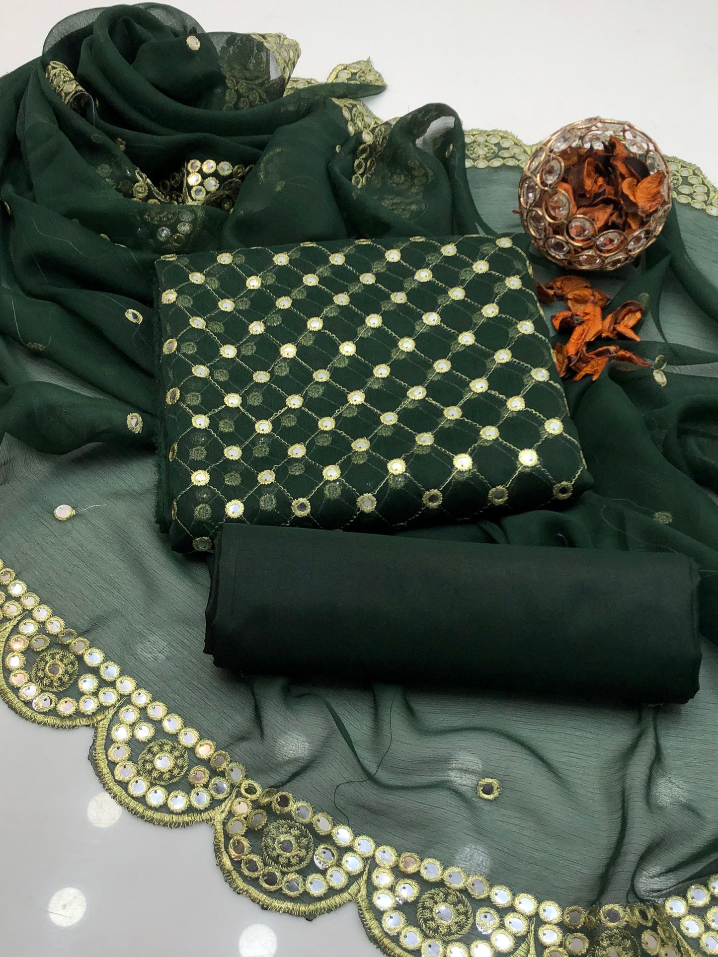 Celestara Chiffon Shirt with Embroidered Dupatta & Silk Trouser 3Pcs Dress