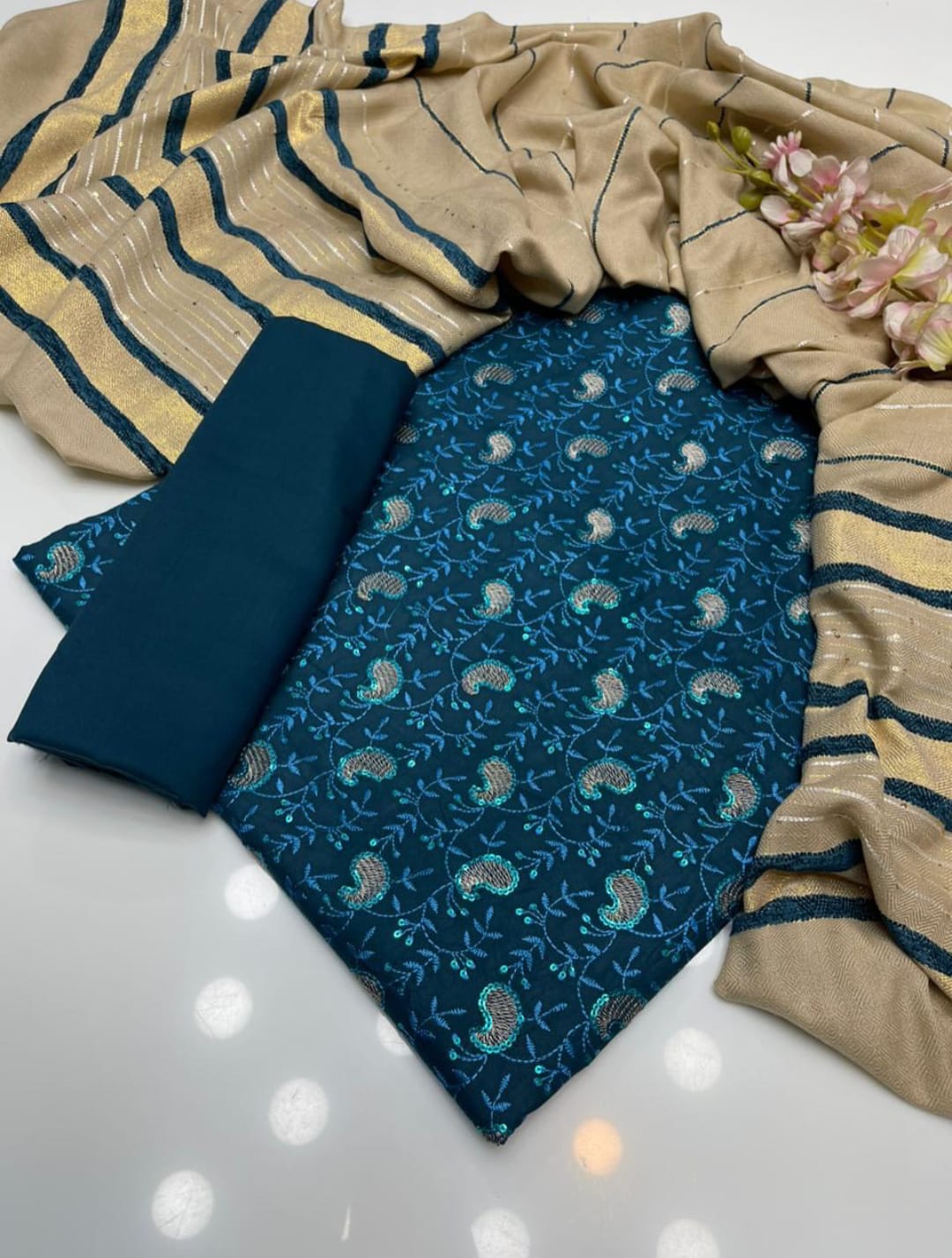 Opaline Marina Linen Embroidered Sequence with Wool Shawl 3Pcs Dress