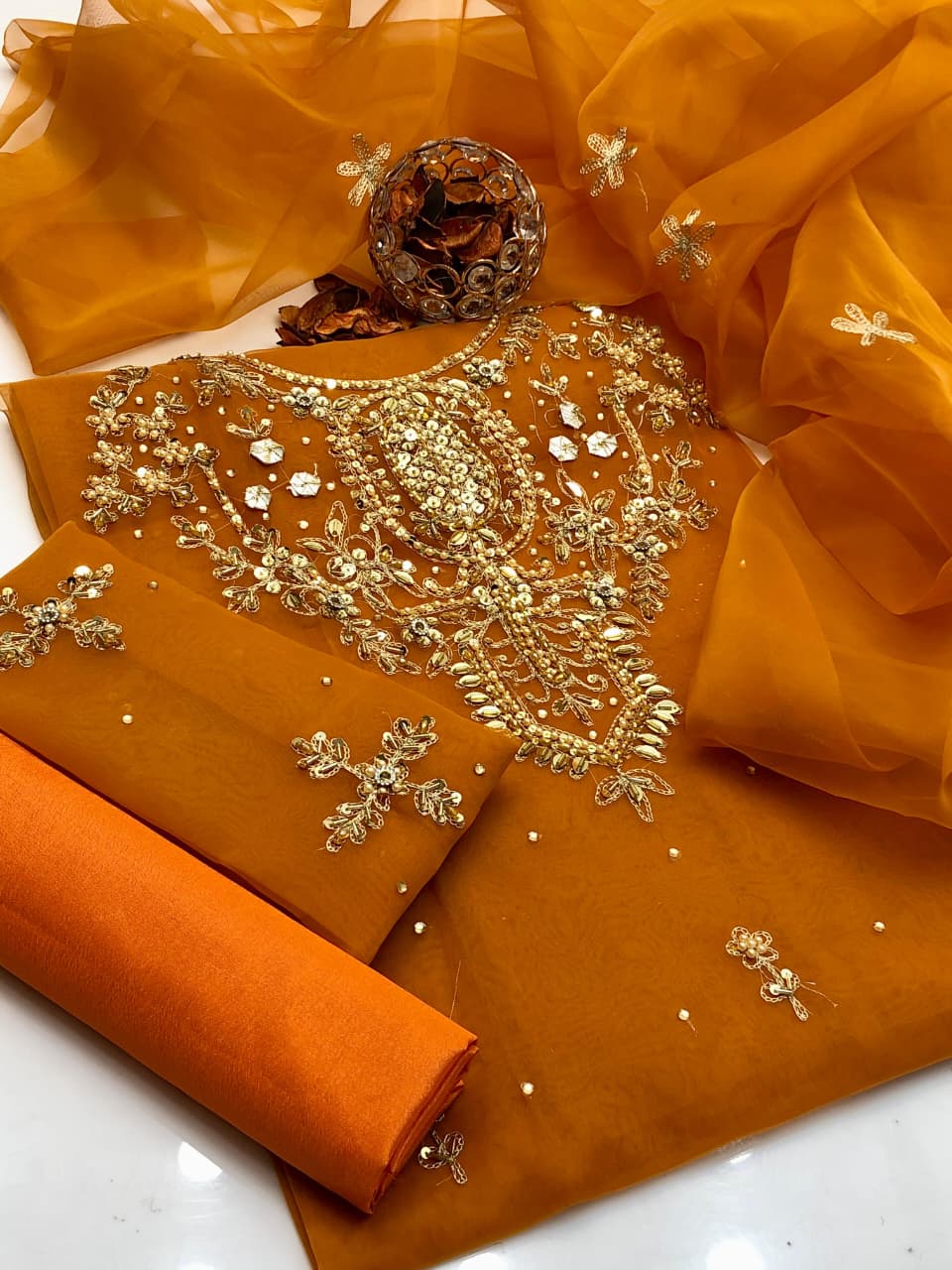 Golden Charm Organza Handwork Embroidered 3Pcs Dress