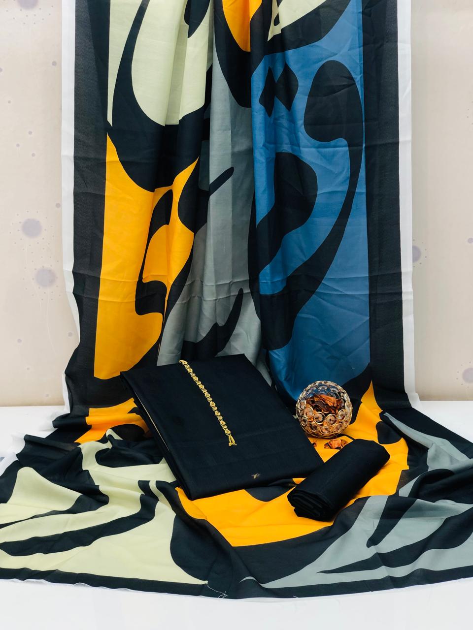 Timeless Kataan Silk & Lawn Calligraphy 3Pcs Dress