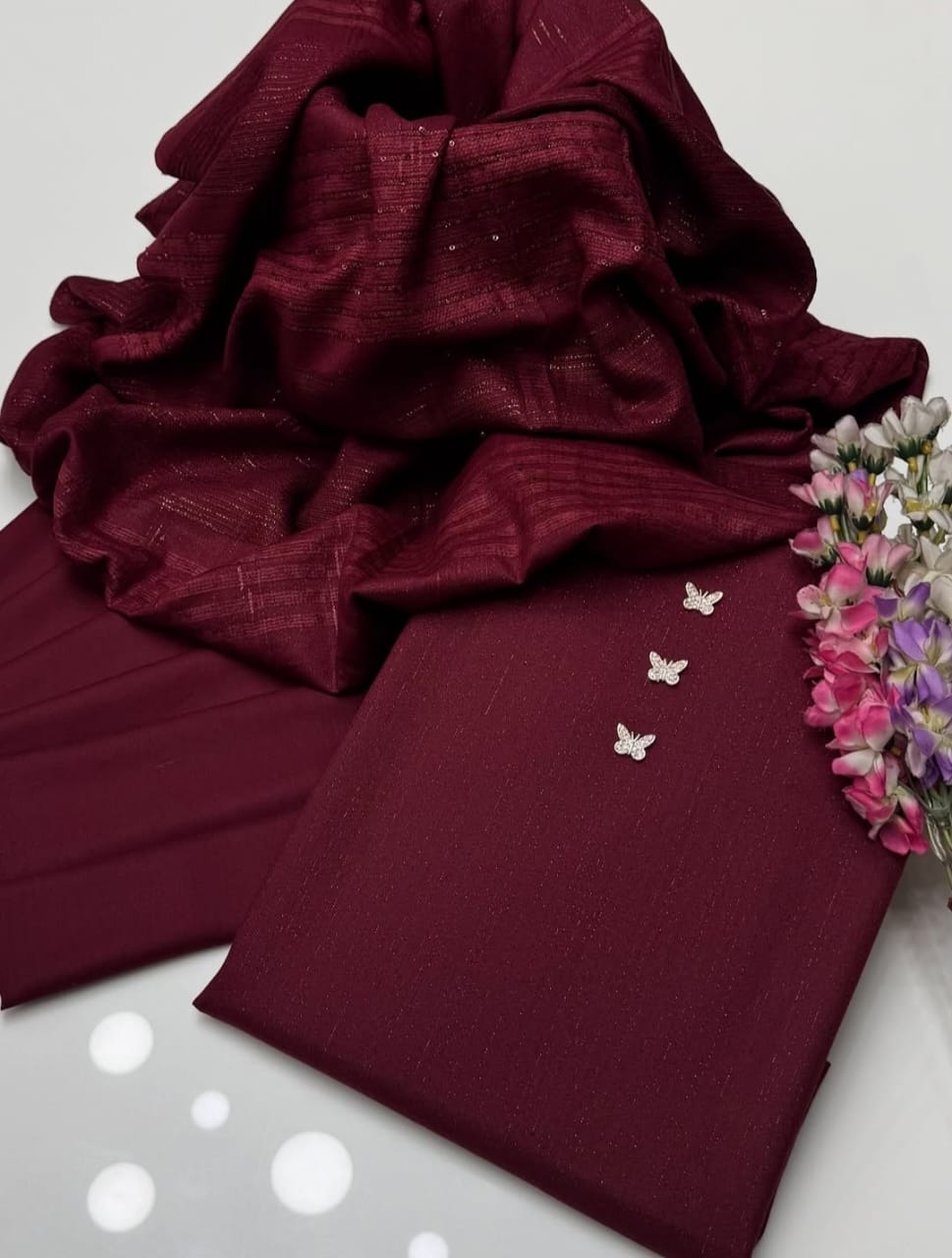 Premium Dhanak Zari Shirt Trouser with Velvet Shawl 3Pcs Dress