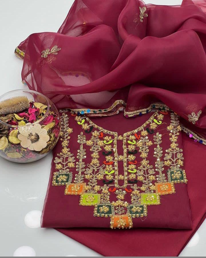 Aurielle Organza Shirt with Lace Border Dupatta & Silk Trouser 3Pcs Dress