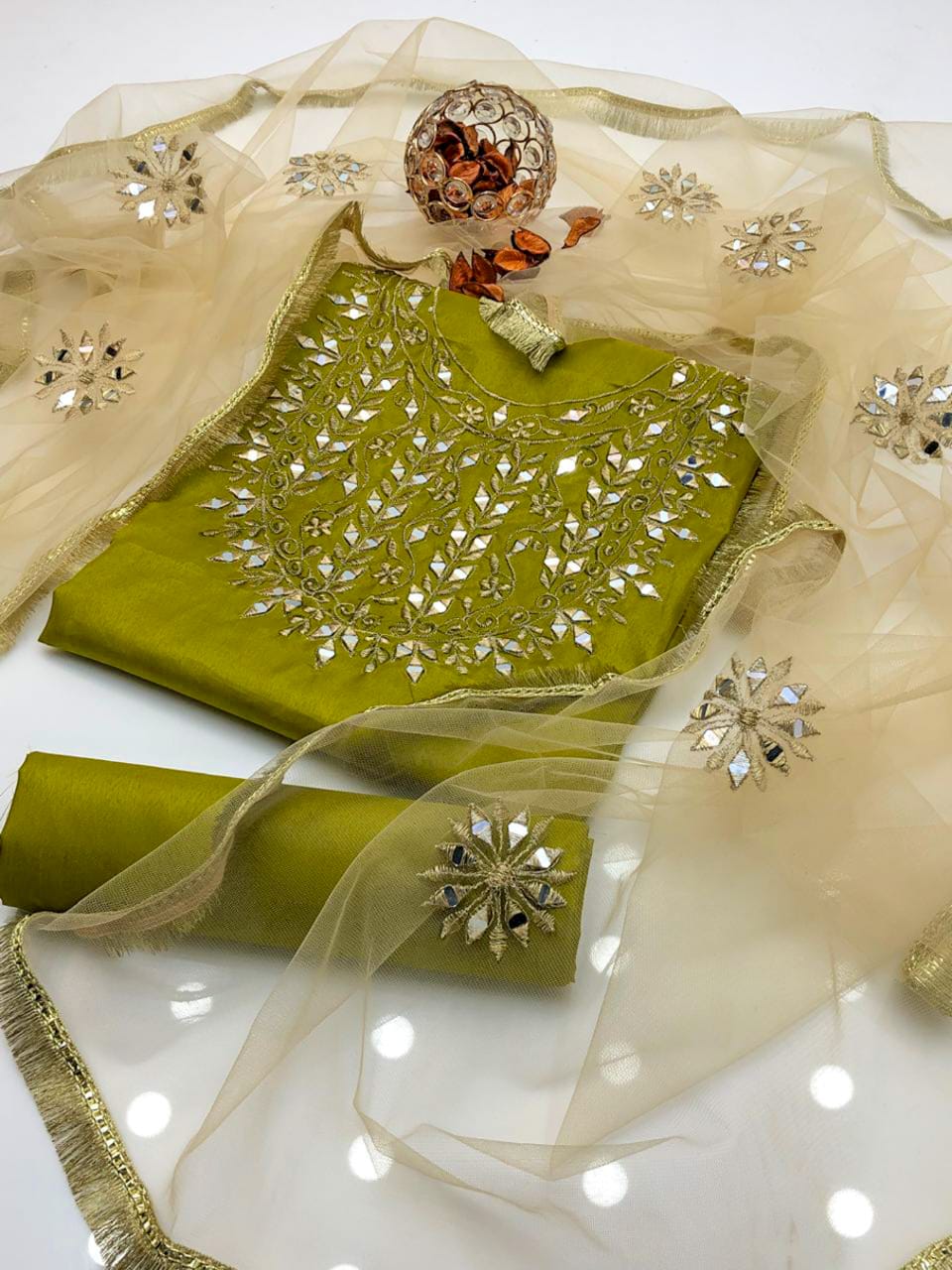 Velina Kataan Silk Mirror Work 3Pcs Dress