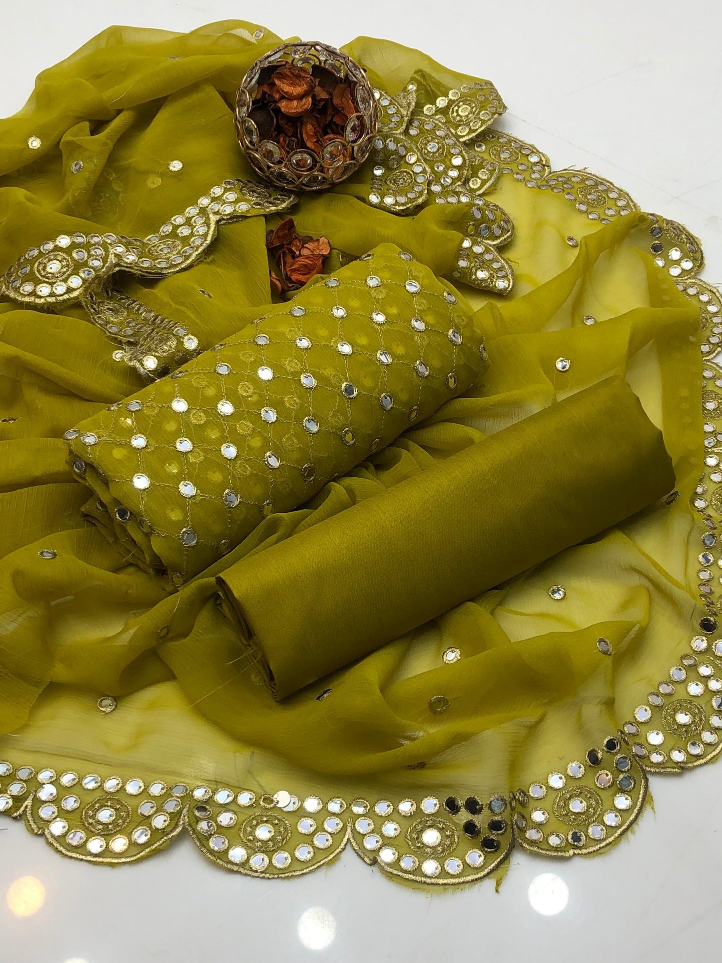 Celestara Chiffon Shirt with Embroidered Dupatta & Silk Trouser 3Pcs Dress