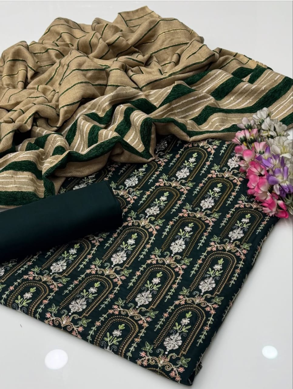 Marina Linen Embroidered Shirt With Velvet Shawl 3Pcs Dress