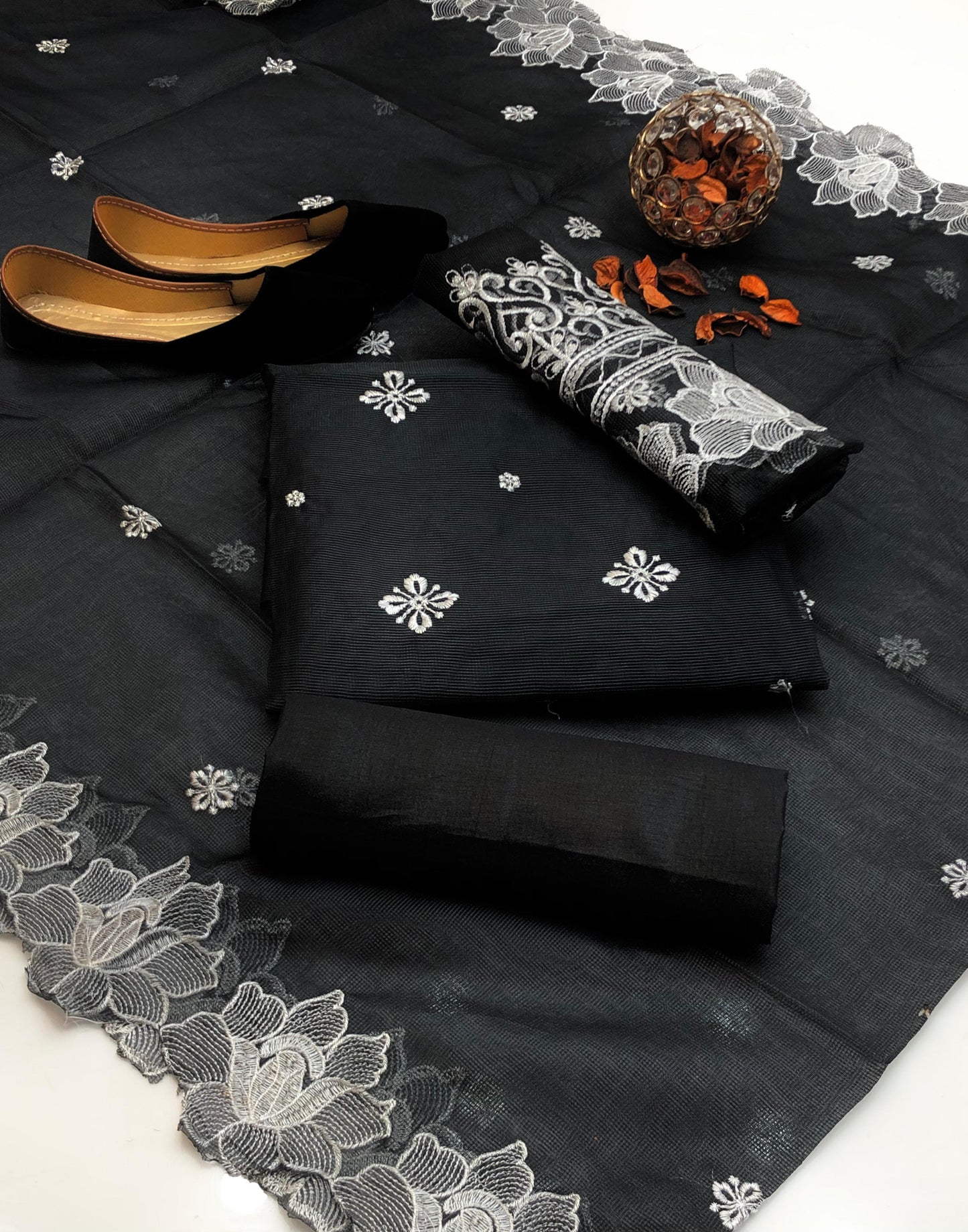 Refined Khaddi Net Embroidered 4 Pcs Dress with Cutwork & Khussa Gift