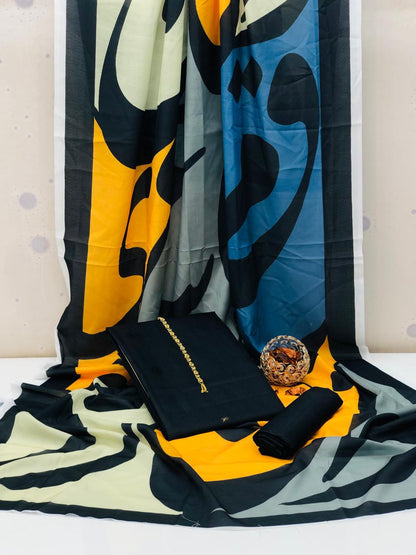 Timeless Kataan Silk & Lawn Calligraphy 3Pcs Dress