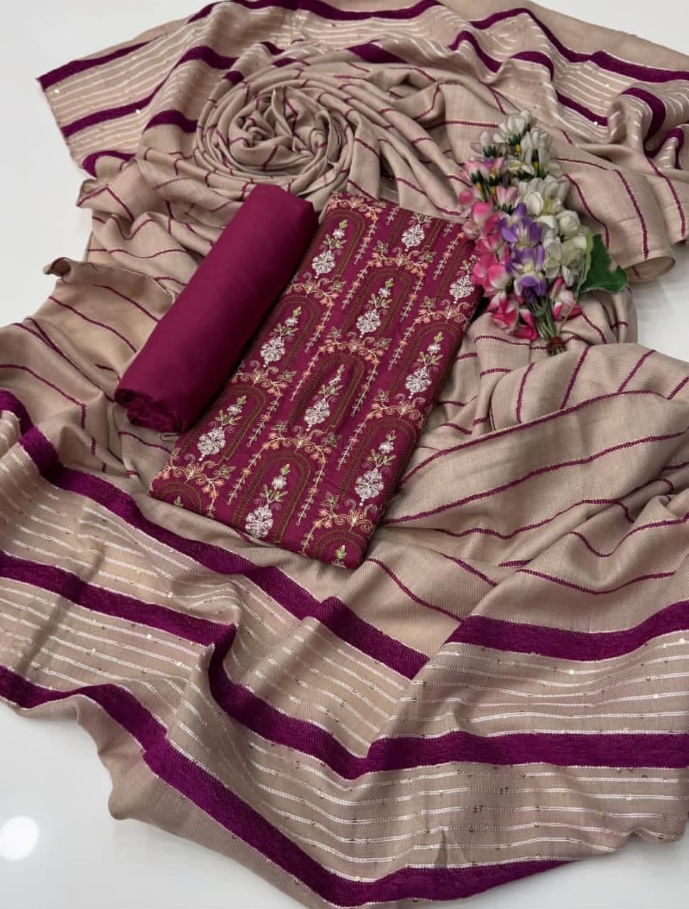 Marina Linen Embroidered Shirt With Velvet Shawl 3Pcs Dress
