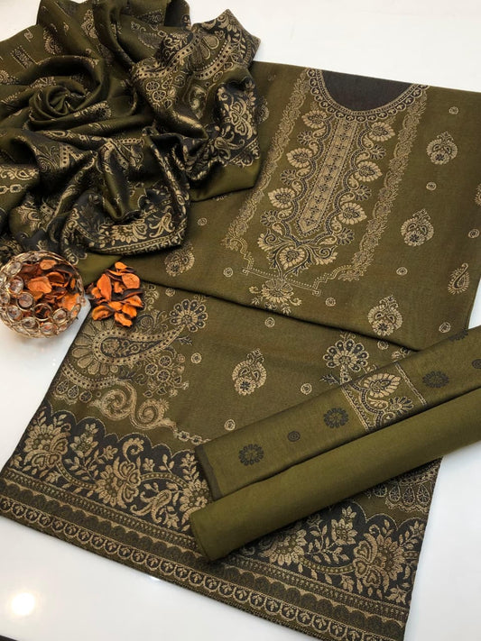 Luxury Wool Jacquard with Heavy Shawl 3Pcs Dress