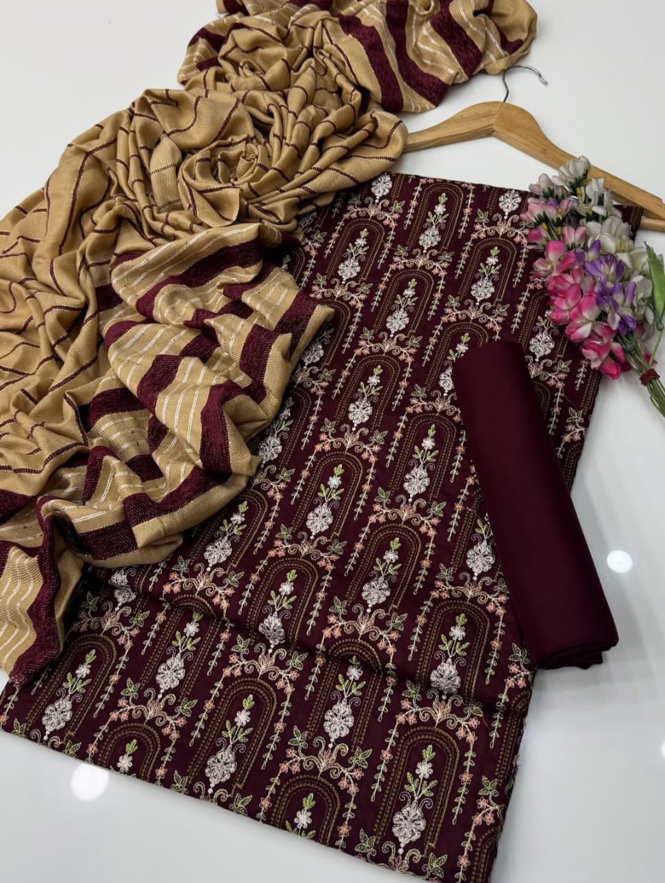 Marina Linen Embroidered Shirt With Velvet Shawl 3Pcs Dress