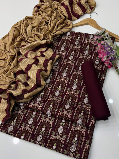 Marina Linen Embroidered Shirt With Velvet Shawl 3Pcs Dress