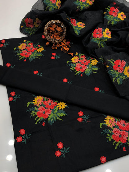 Bold Lawn Cotton Cross Stitch Shirt and Dupatta 3Pcs Dress