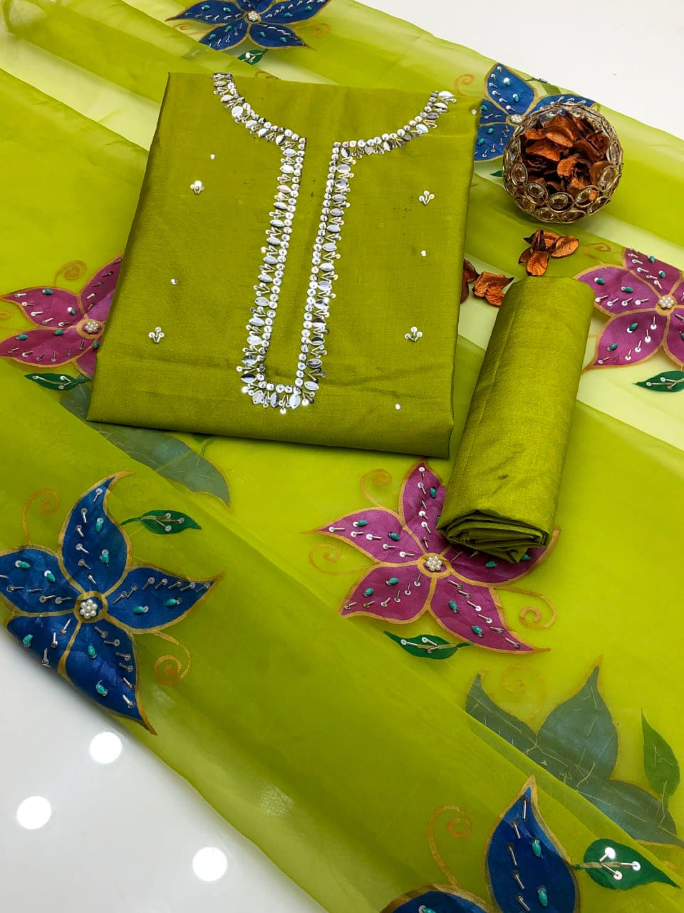 Opalya Kataan Silk Shirt with Oil Paint Dupatta & Trouser 3Pcs Dress