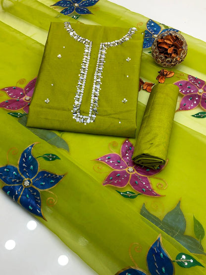 Opalya Kataan Silk Shirt with Oil Paint Dupatta & Trouser 3Pcs Dress