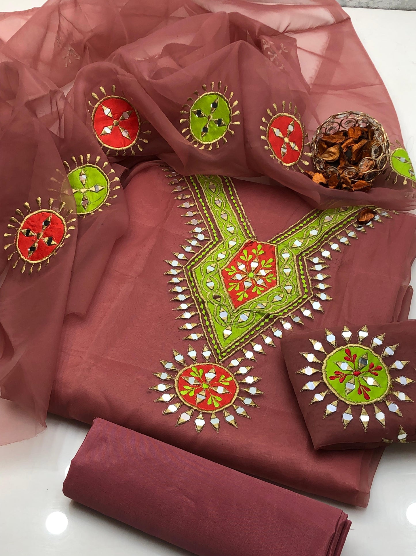 Dazzling Mirror & Multi Appliqué Organza with Kataan Silk 3Pcs Dress